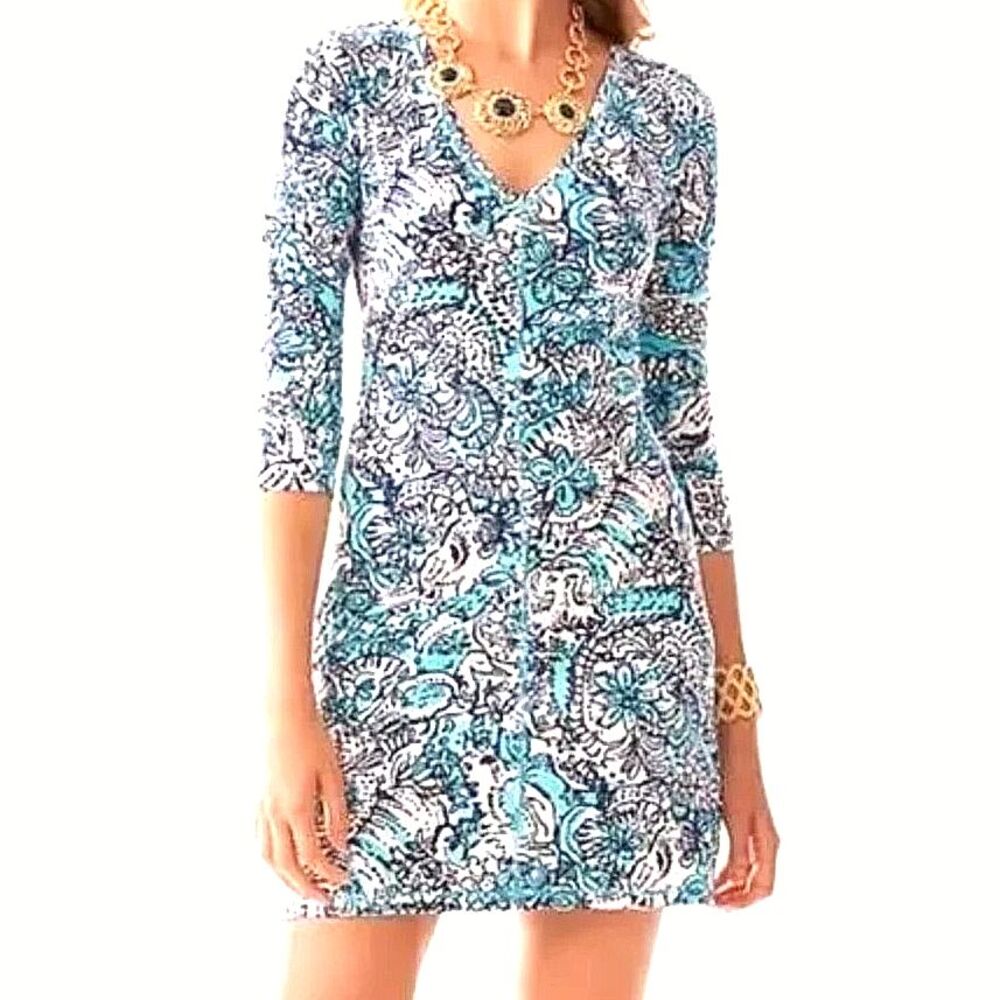 LILLY PULITZER Dress Mini 3/4 Sleeves V Neck Blue Floral Juliet Women Sz XXS US